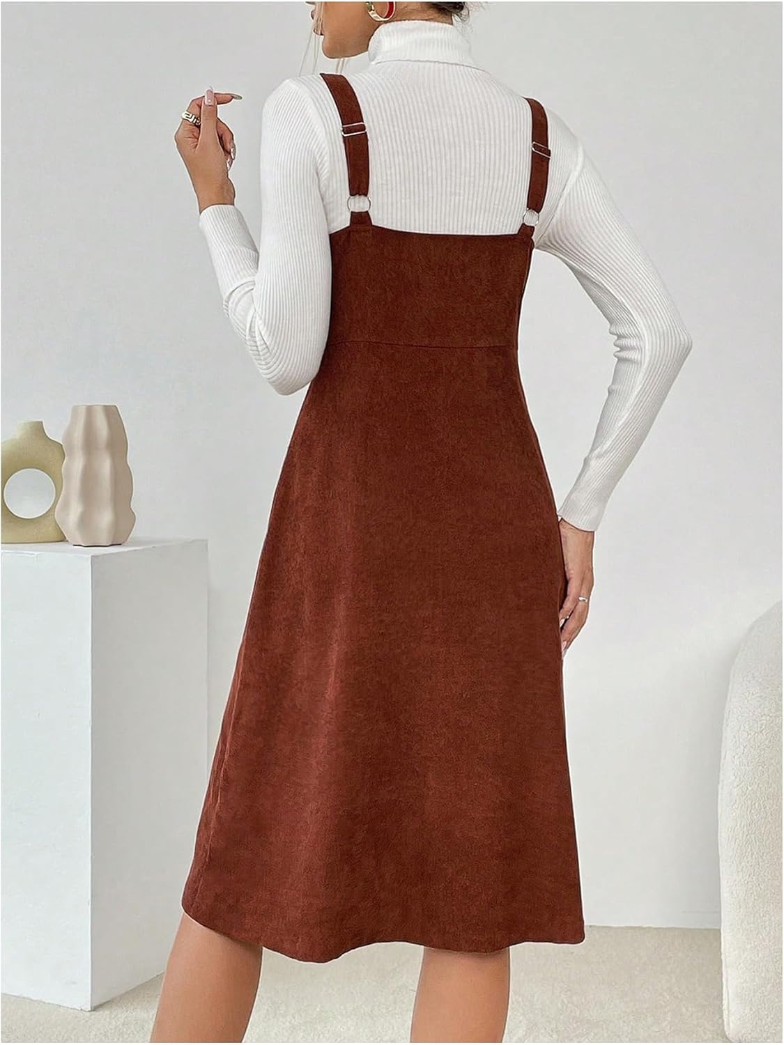 Milumia Women's Corduroy Button Up V Neck Pocket Midi Pinafore Overall Dress - Image 4