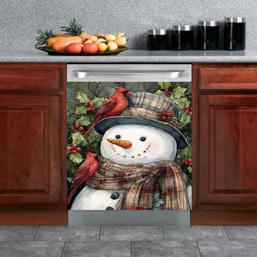Snowman Dishwasher Magnet Cover, Cardinal Bird Front Dishwasher Cover Christmas Decoration, Wreath Dishwasher Cover Magnetic, Holiday Decal Kitchen Appliance Vinyl, 23"x26"