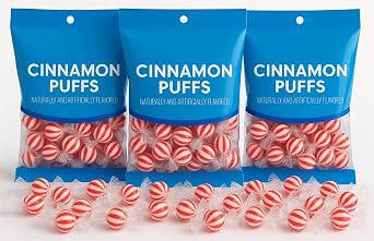 Sweet Smiles Soft Cinnamon Puffs Candy-4 OZ Three Bags | Melt Away Mint Individually Wrapped | Party Favors, Christmas, Halloween Candy Gift