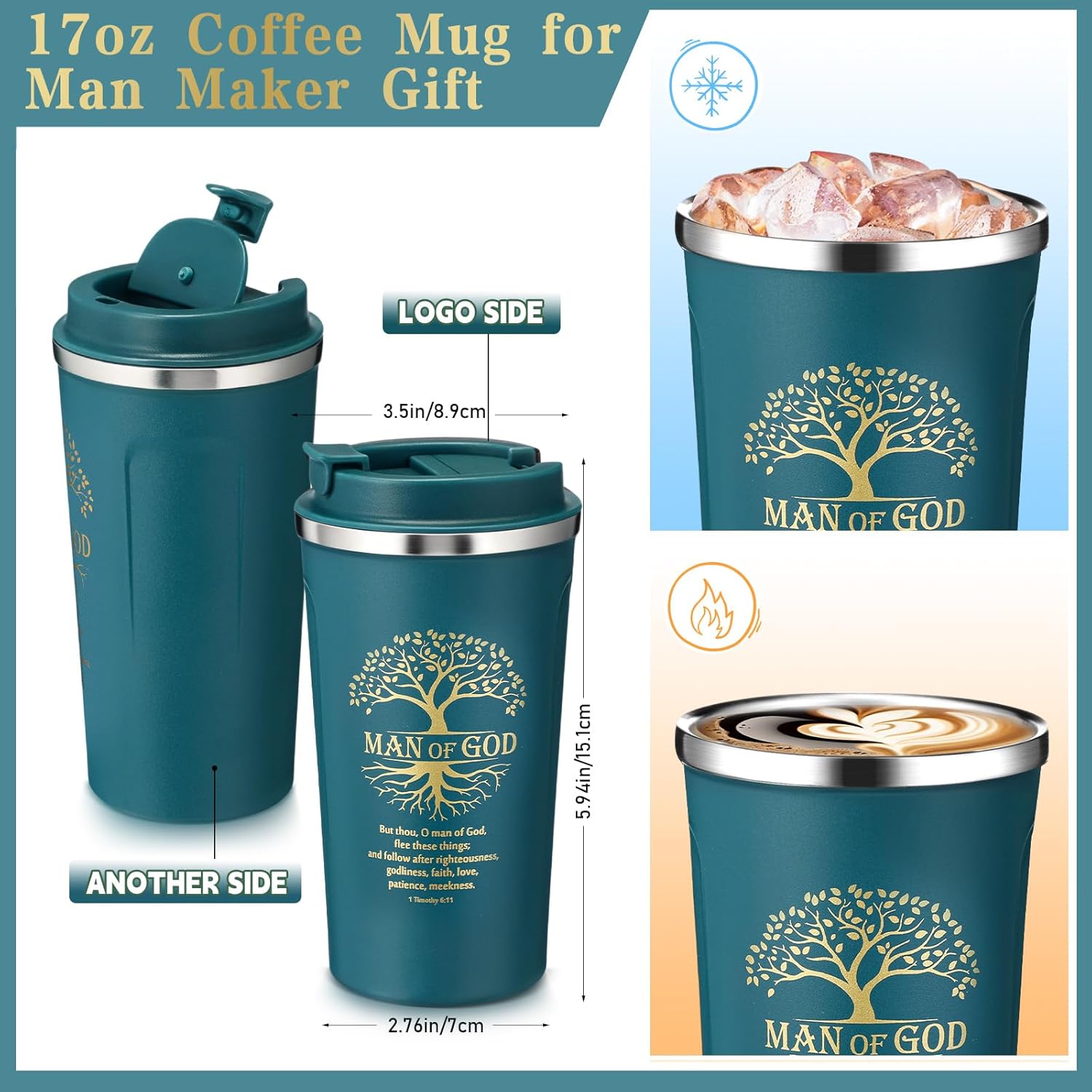 Pickmesh 3 Pcs Fathers Day Christian Gift for Men,Man of God Faith Based Spiritual Stuff, Bible Coffee Cup Leather Prayer Journal with Pen Gifts for Church Husband Dad Pastor(Man of God,Teal Blue)