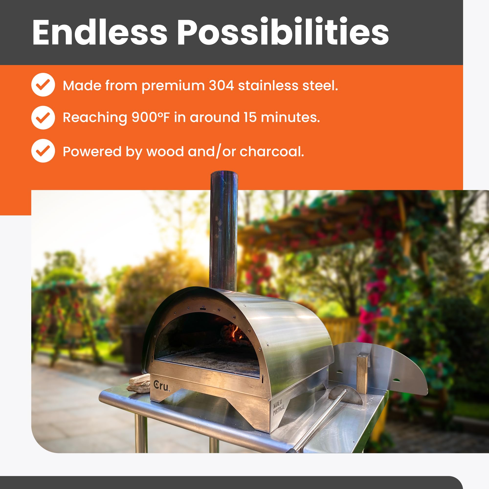 Amazon.com: Cru Ovens Model 30 Stainless Steel Wood-Fired Portable Pizza  Oven, Outdoor Pizza Oven, Pizza Maker with Pizza Peel u0026 Embers Rake  Included, Large 17 x 13 Size : Patio, Lawn u0026