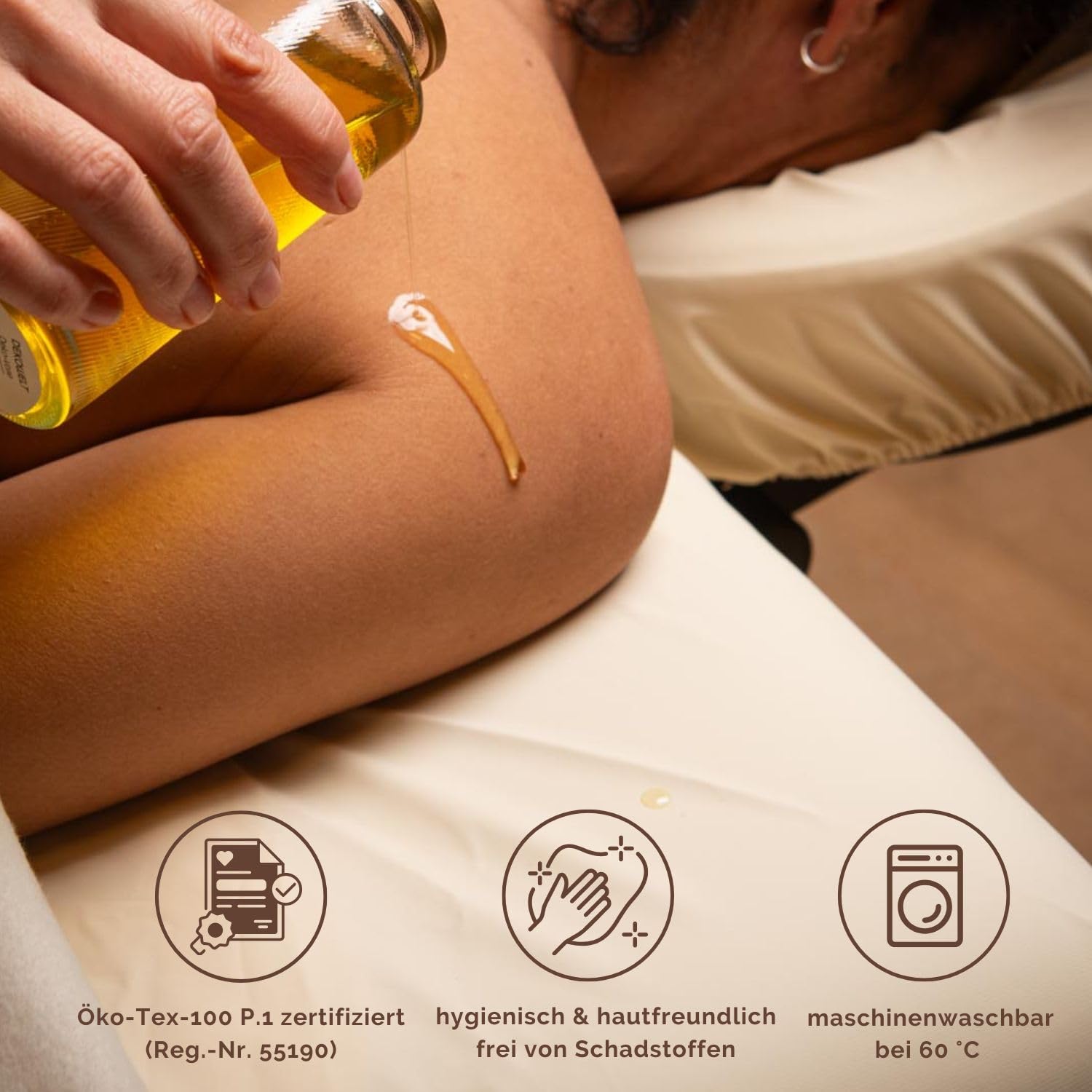 WellTouch Ölresistenter PU-Bezug L extralang | Spannbezug für Kosmetik-, Behandlungs- & Massageliege | Öl- & wasserabweisendes Spannlaken | Maschinenwaschbarer Liegenbezug | creme-farben