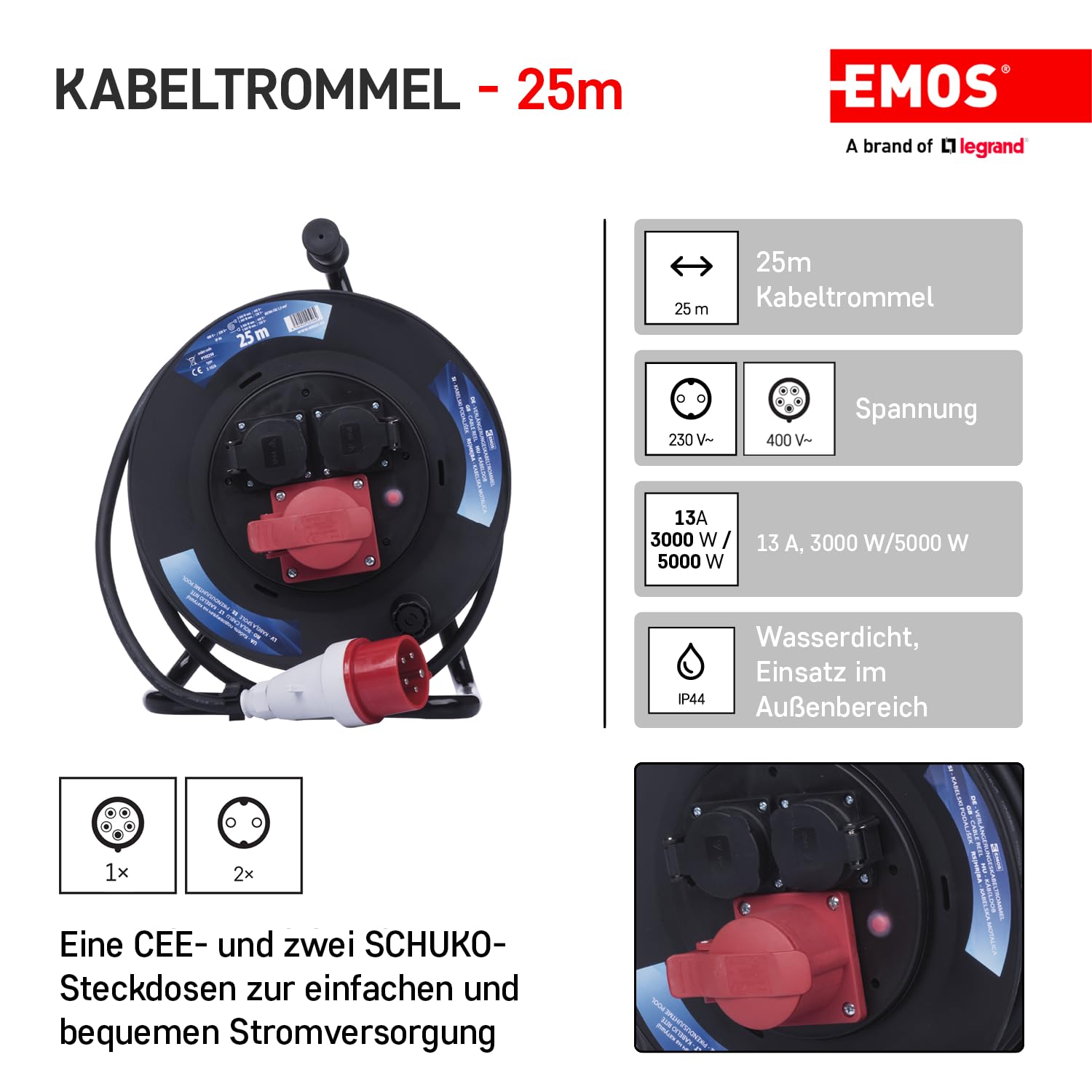 EMOS - Bęben kablowy CEE 25 m - 3 gniazda (1 CEE, 2 Schuko) - wodoszczelny - 230 V/400 V, 13 A, 3000 W/5000 W - izolacja gumowa - H07RN-F 1,5 mm2 - IP44 do użytku na zewnątrz i na kemping