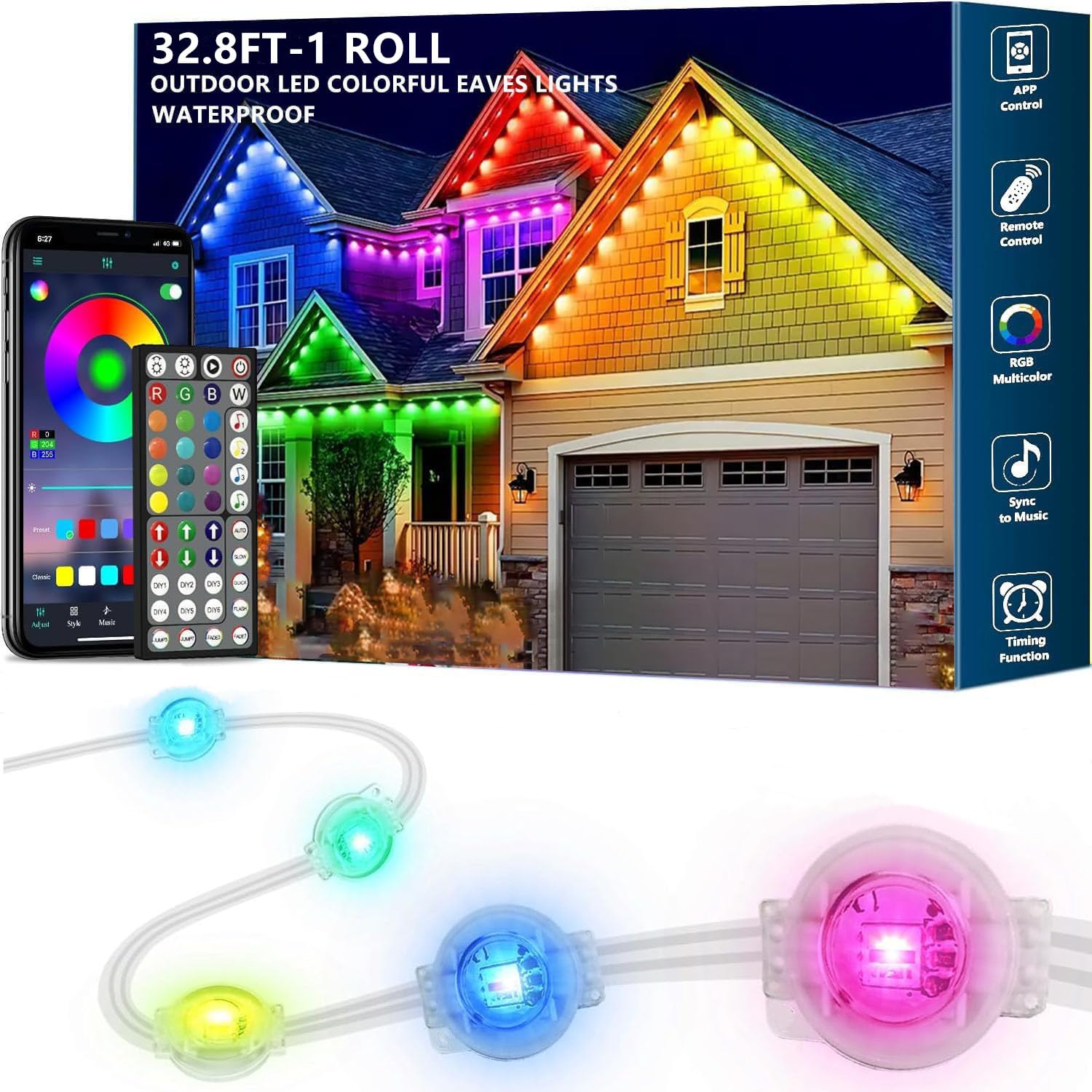 Photo 1 of Sxlofty 100FT Permanent Outdoor RGB Lights,IP67 Waterproof Smart LED Eaves Lights with App/Remote Control,for Christmas and All Holiday Decor,Daily and Accent Lighting,House Roof and Garden Lighting