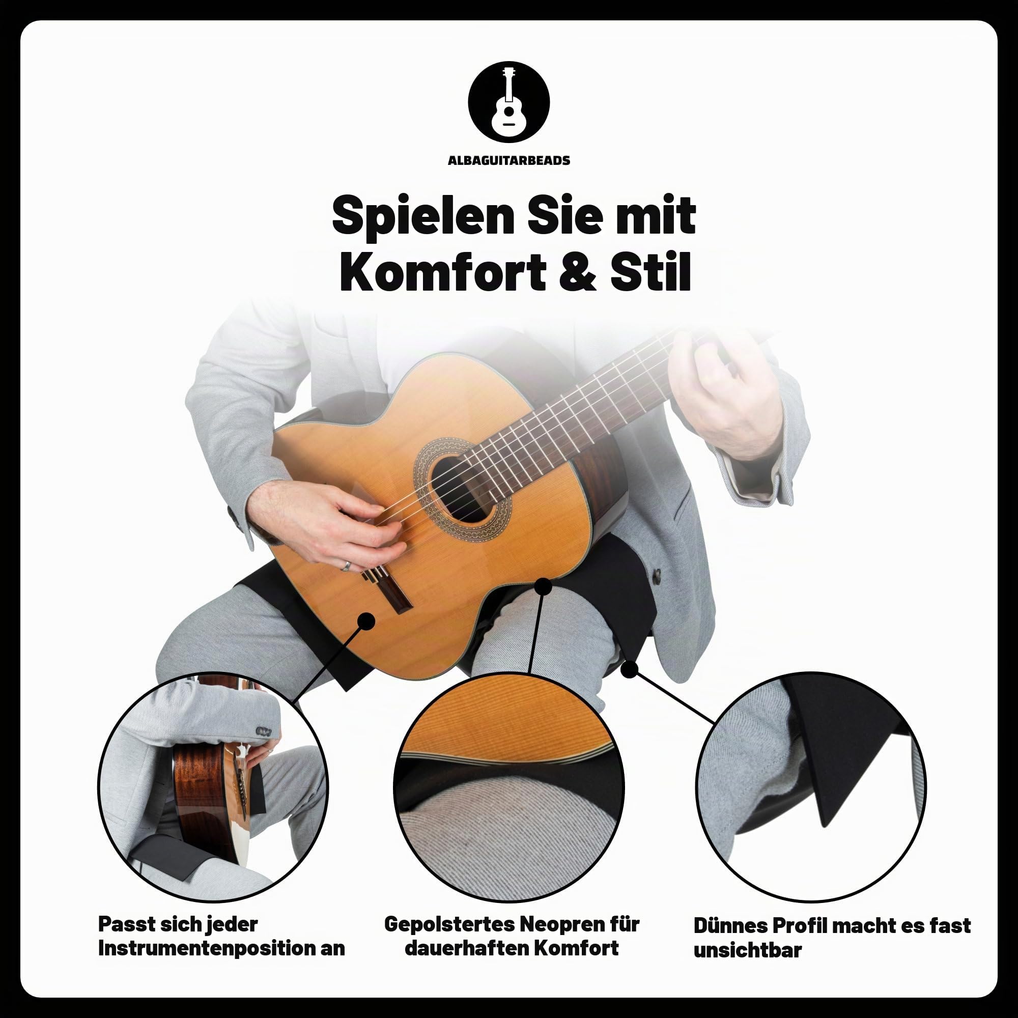 Alba GB rutschfester Neopren-Gurt für klassische Gitarre, Größe groß, schwarz, rutschfest für klassische Gitarristen und für Flamenco-Gitarristen