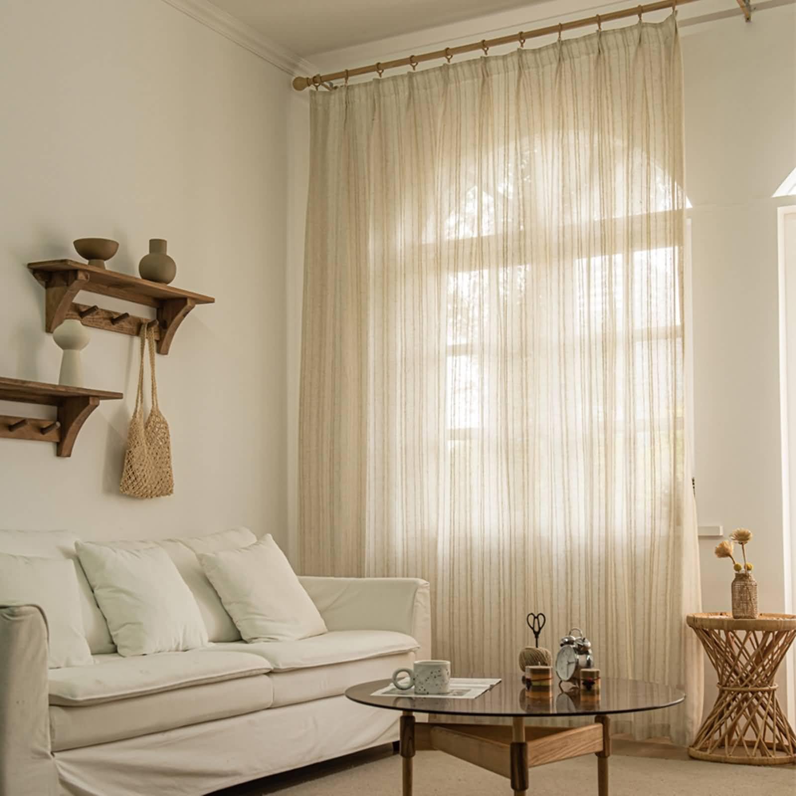 Cortinas Translucidas Habitacion Matrimonio Dos Piezas,2 x 137W x 229H CM,Cortinas Visillo Salon Beige Rayas Cortinas Ganchos