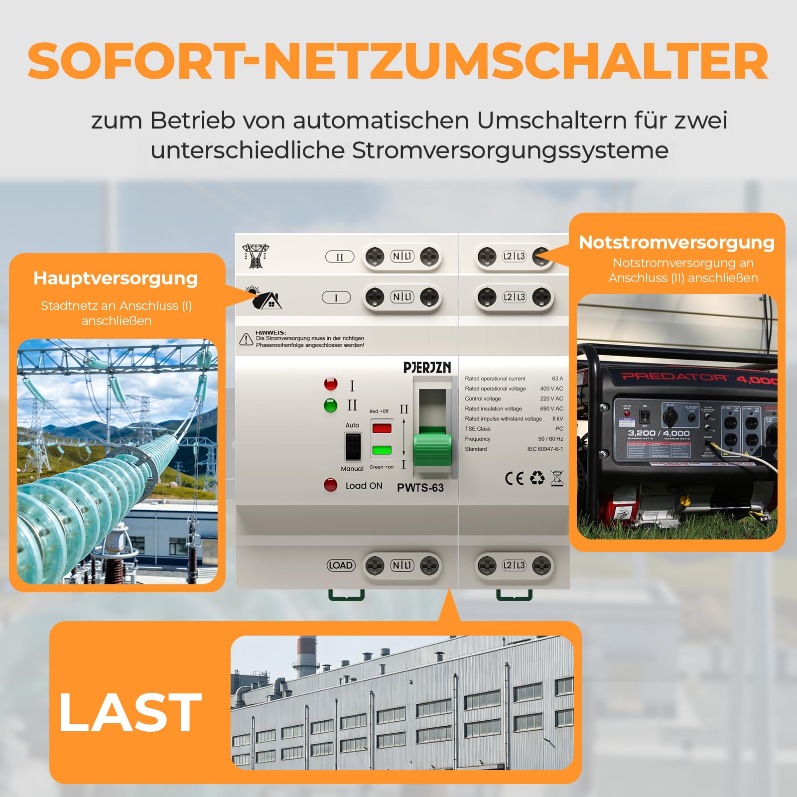 ATS Automatischer Umschalter 4P 63A 400V AC, 4-poliger Notstrom Umschalter für Netzvorrangschaltung