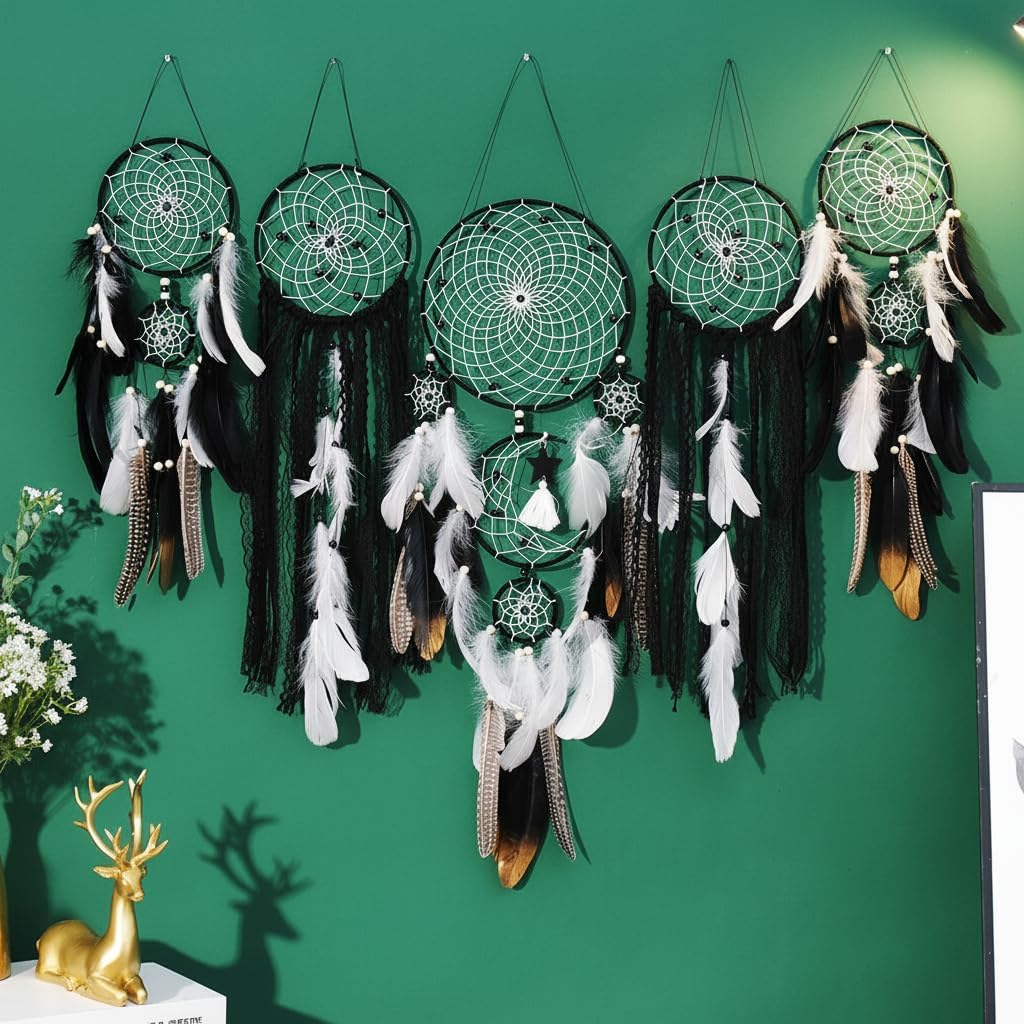 5 Pack Dream Catchers Boho Wall Decor Moon and Sun Feather Handmade Traditional Dream Catcher Wall Hanging Decor for Bedroom Living Room Home Halloween Decorations Witchy Gifts (Black Set)