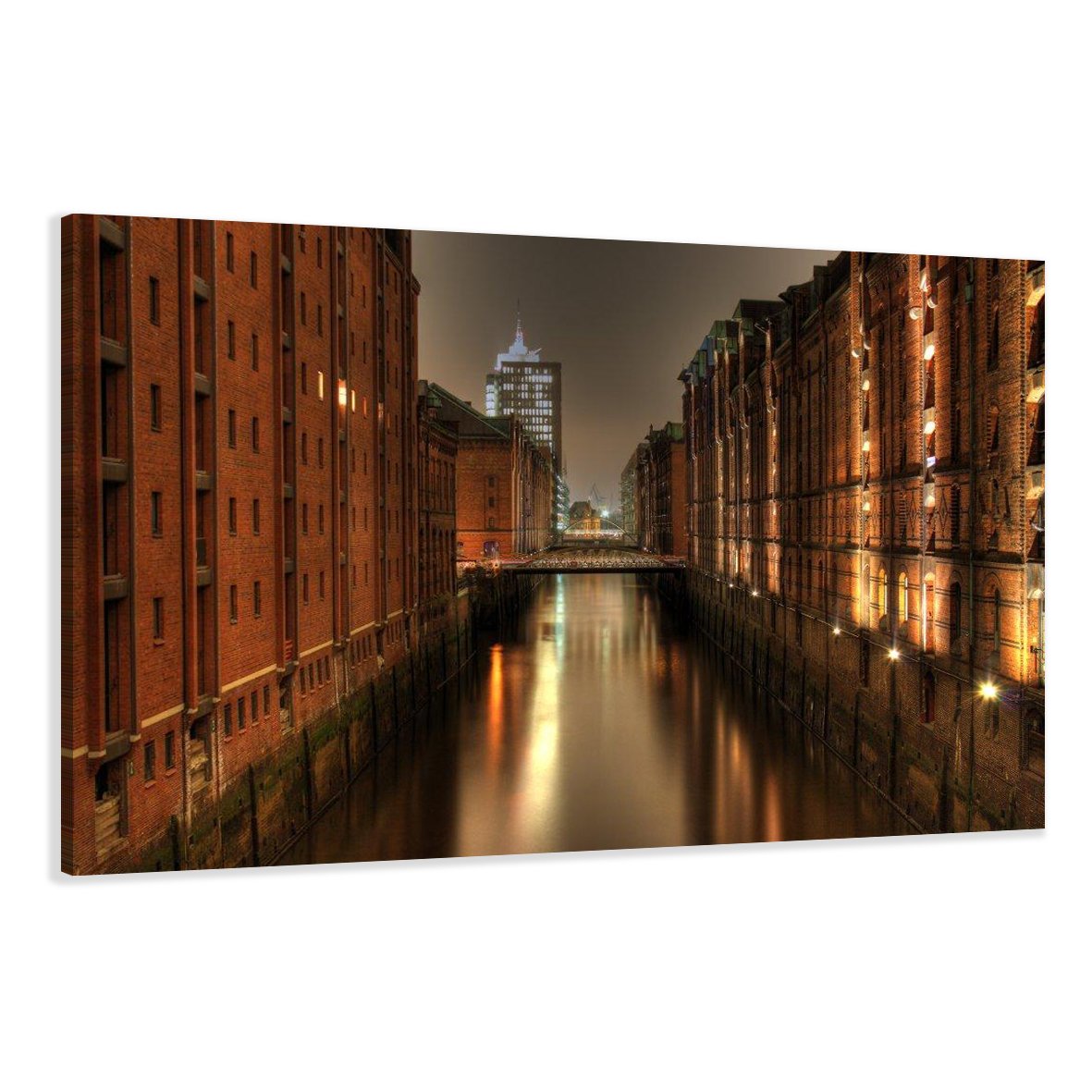 Visario obraz na płótnie 120x80 cm 5051 Kanał nocny widok budynki z cegły przemysłowa sceneria dekoracja ścienna woda odbicie ciepłe kolory pomarańcz żółty wydruk artystyczny na płótnie gotowy