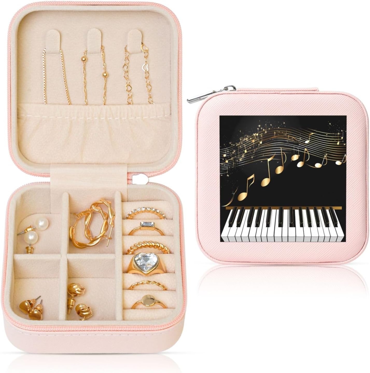 Gold Music Note Jewellery Box Organizer Piano Keyboard Jewelry Travel Case for Girls Womens Earring Necklace Rings Bracelets