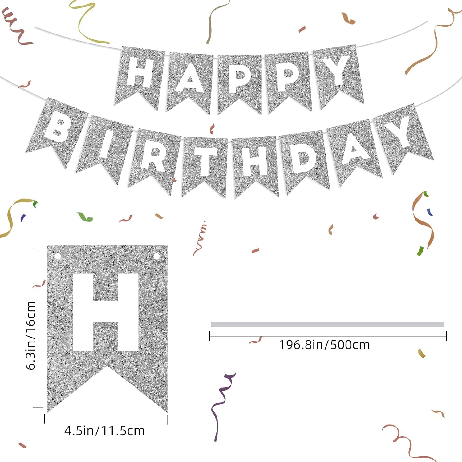 Silver Happy Birthday Banner Happy Birthday Sign for Backdrop Silver Birthday Decorations for Women Men Birthday Party Garland Bunting Banner Kids Adults Party Supplies