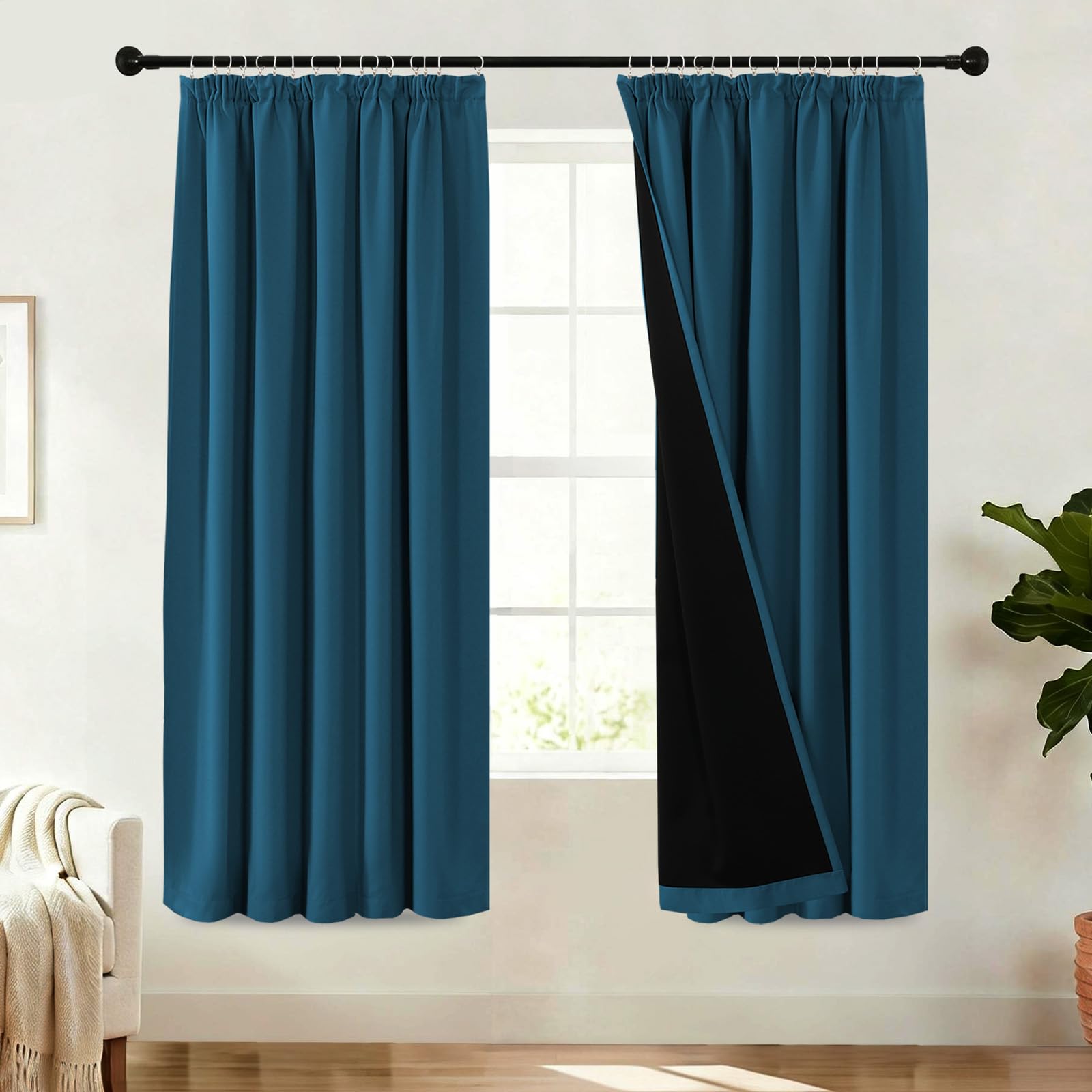 BellaHills 100% Blackout Curtains for Bedroom Thermal Insulated Curtains & Drapes for Living Room Black out Window Curtain with Hooks Pencil Pleat Back Tab Rod Pocket 2 Panels, W46 X L72, Dark Teal
