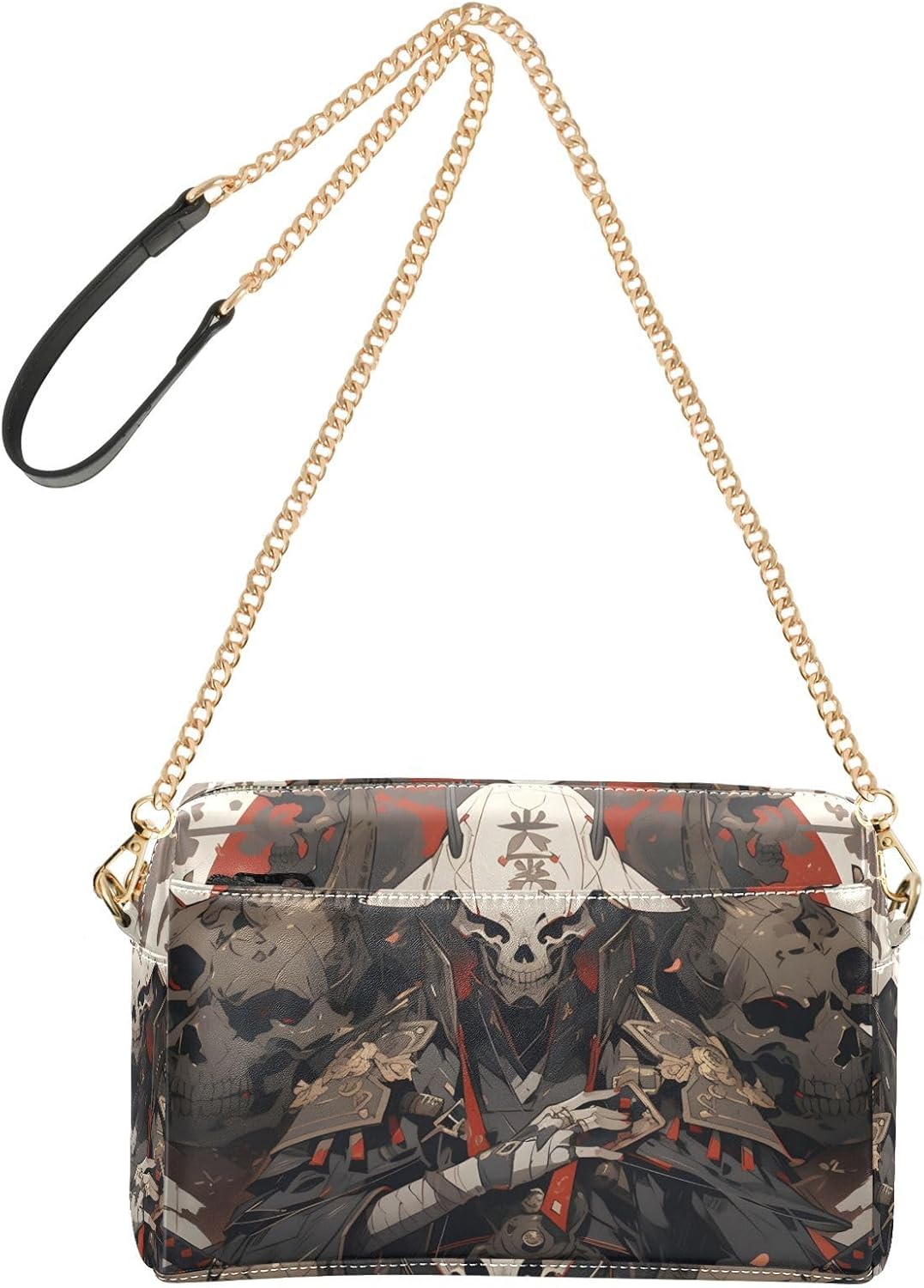 White Skull Samurai Women's PU Leather Crossbody Bag Shoulder Handbag Cellphone Purse with Metal Chain Strap Water Resistant Zipper Closure