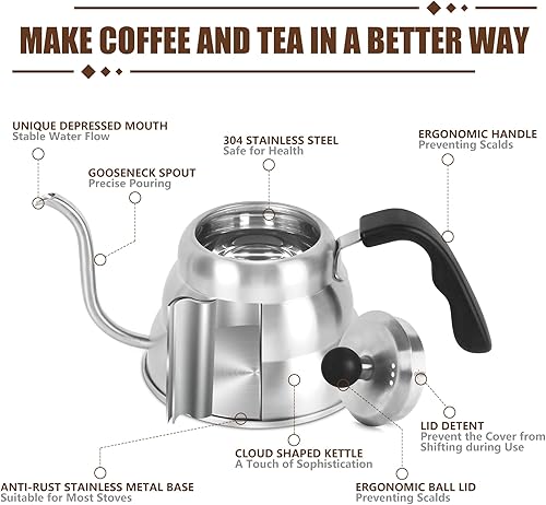 Miniatura 24 de Hervidor de agua para café y té de goteo manual con termómetro, hervidor de cuello de cisne de 28 onzas con control de flujo, hervidor de agua