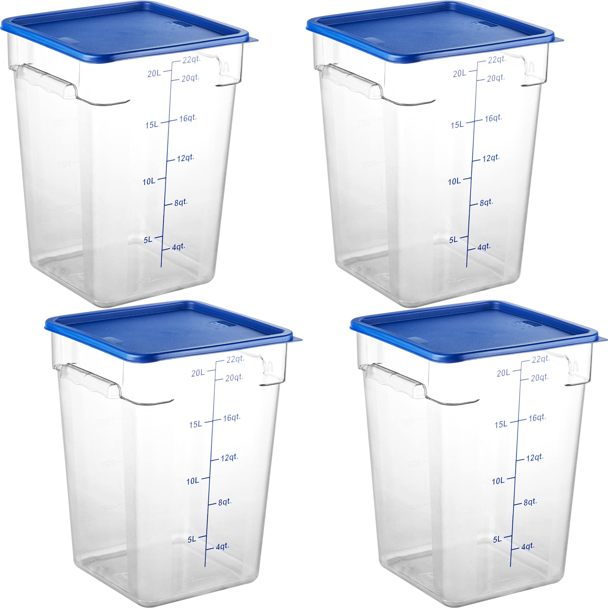 CURTA4-Pc Food Storage Container with Blue Lids - Commercial Grade in 22.0 Qt - Square, Clear, Polycarbonate