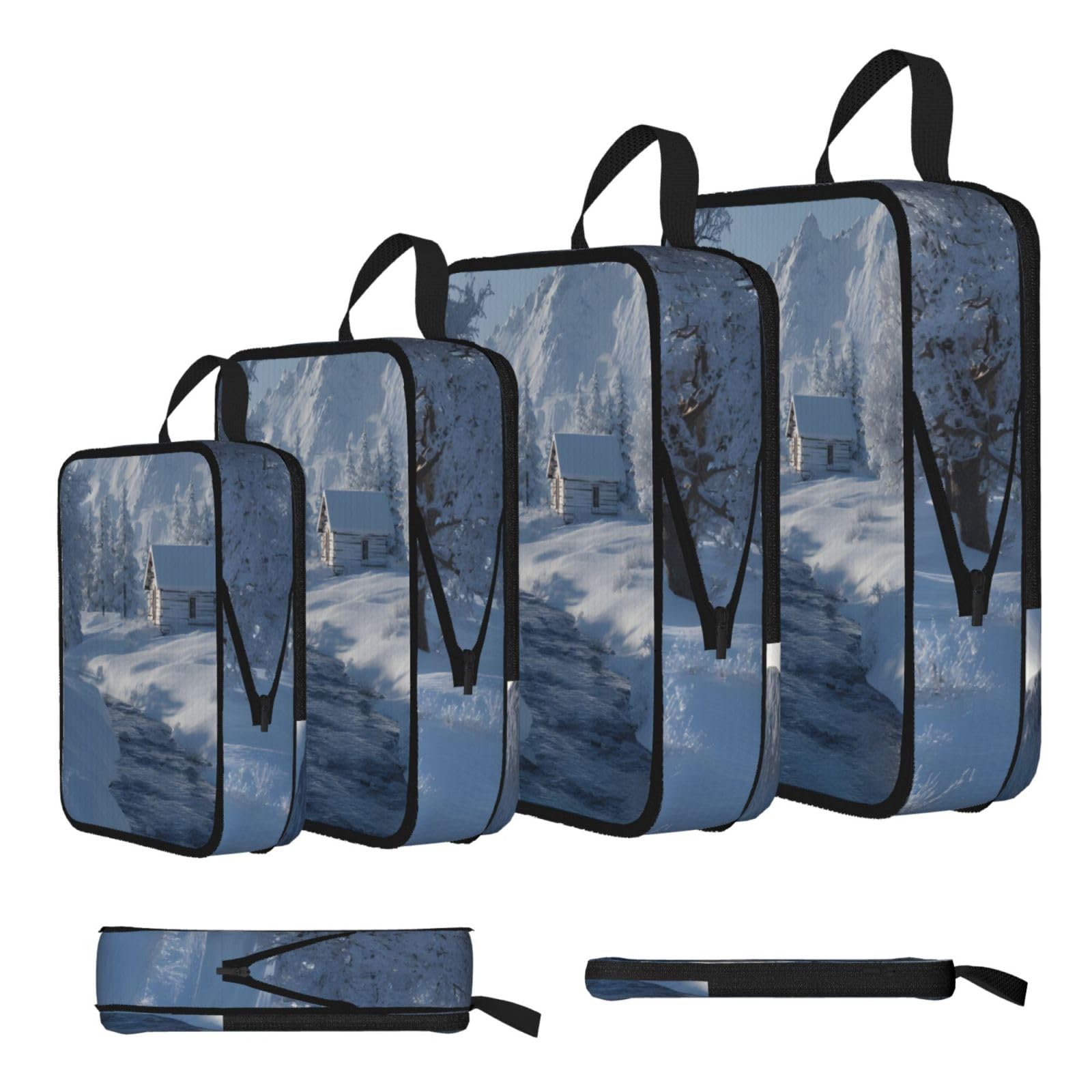 Snow Scenery Print 4 Set Compression Packing Cubes For Suitcases,Expandable Storage Bags Organizers