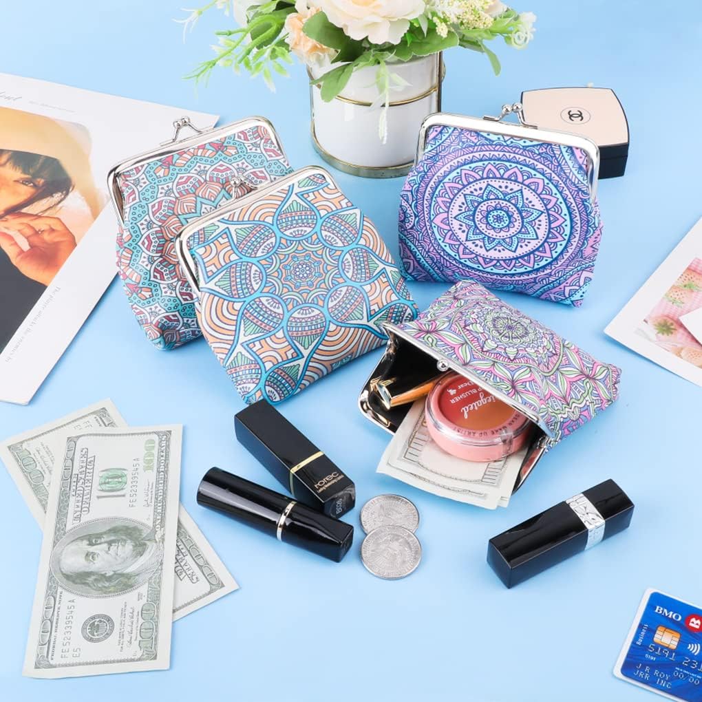 Oyachic 4 Pcs Mandala Coin Purses,PU Leather Change Purse,Vintage Wallets with Clasp Kiss-lock,Cute,Small Clutch Pouch for Woman Girls