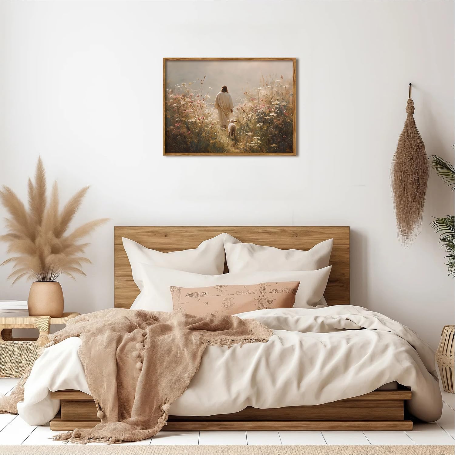 Jesus Leaves the 99 Sheep Wall Art, Christian Jesus and Lamb Pictures Wall Decor Paintings, The Lost Sheep Canvas Prints Religious Home Decor Living Room Bedroom Church Wood Framed 16x24 inch