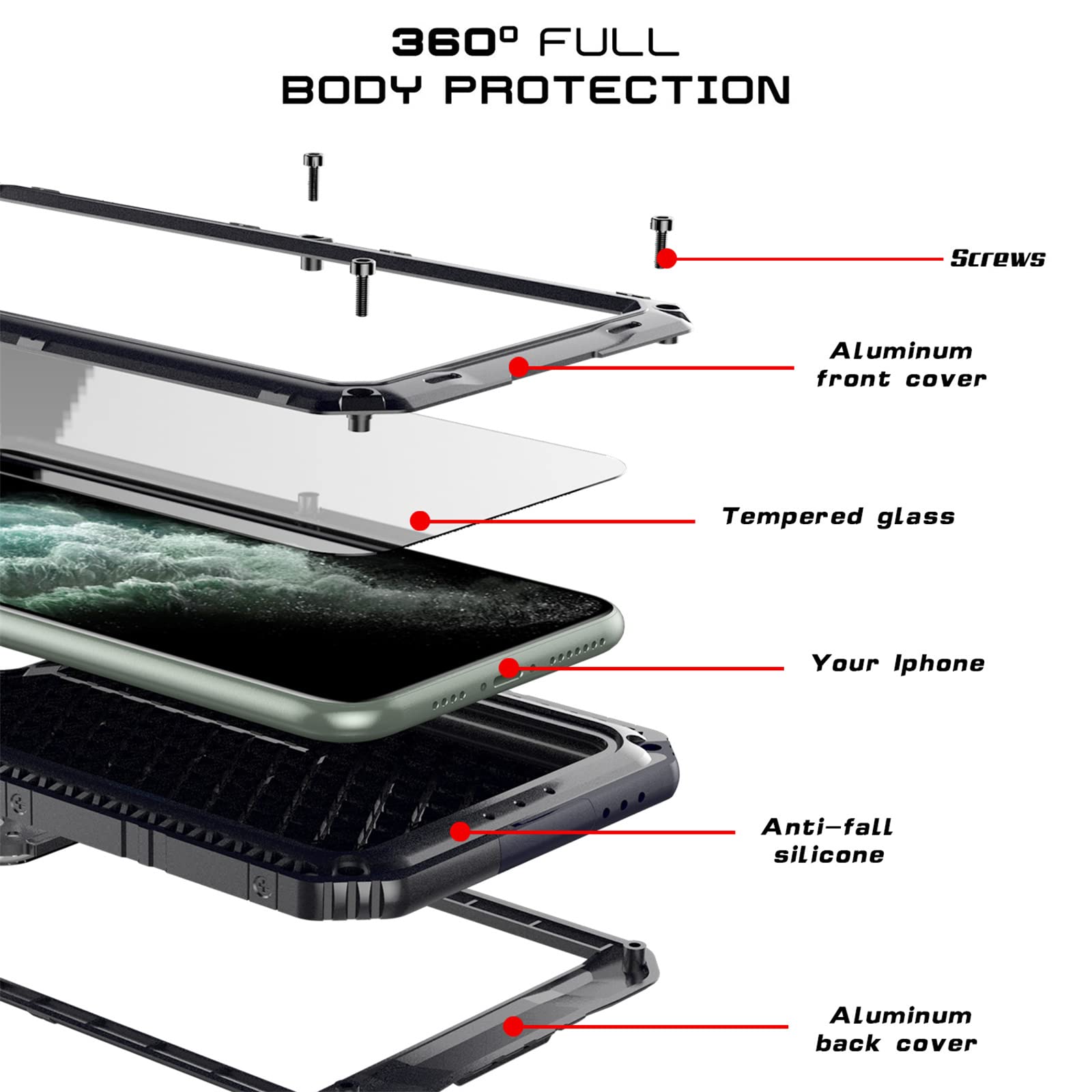 Coque pour iPhone 11/11 Pro/11 Pro Max,[Militaire][IP68 Étanche] 360 Protection Integrale Renforcé Antipoussière Anti-Neige Incassable Métal Housse avec Protecteur d'Écran Intégré