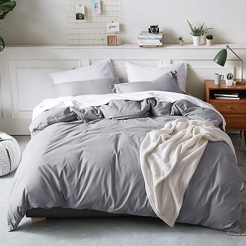 Bedsure 100% Washed Cotton Duvet Covers King Size - Grey Comforter Cover Set 3 Pieces (1 Duvet Cover + 2 Pillow Shams)