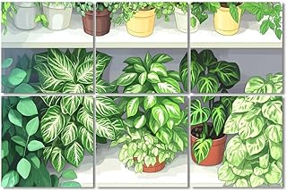 6 Pack Art Acoustic Panels Sound Absorbing Botanical Vintage Green Plant Nature Fake Potted Greenery Floral Decorative Soundproof Wall Panels Self Adhesive for Recording Studios Office 72"x48"