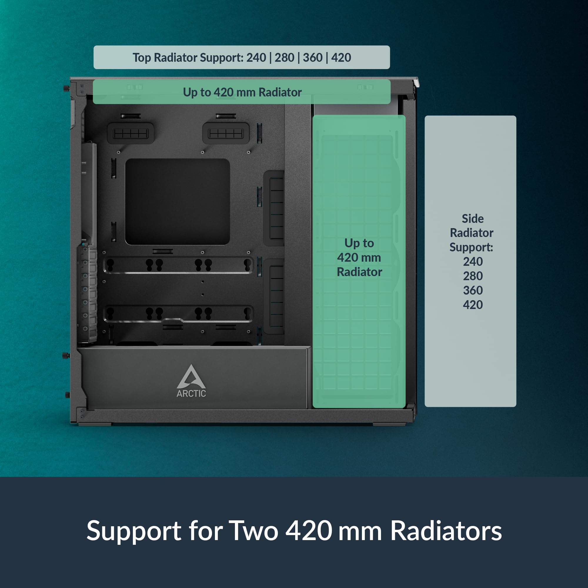 ARCTIC Xtender Black (Tinted Glass) - Case per PC, Vetro Panoramico Temperato, Supporto per Radiatore 2 x 420 mm, Torre Midi, E-ATX, 5x Ventole A-RGB Preinstallate - Nero