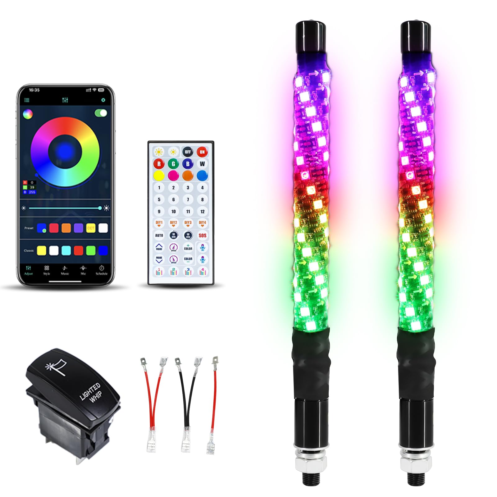 Photo 1 of ** FOR PARTS ONLY ** VI9000 2 Pack 1FT Whip Lights with Spring Base, LED Whip Light with App & Remote Control, Spiral RGB Chasing Lighted Whips with Rocker Switch, Music Whip Light for UTV ATV