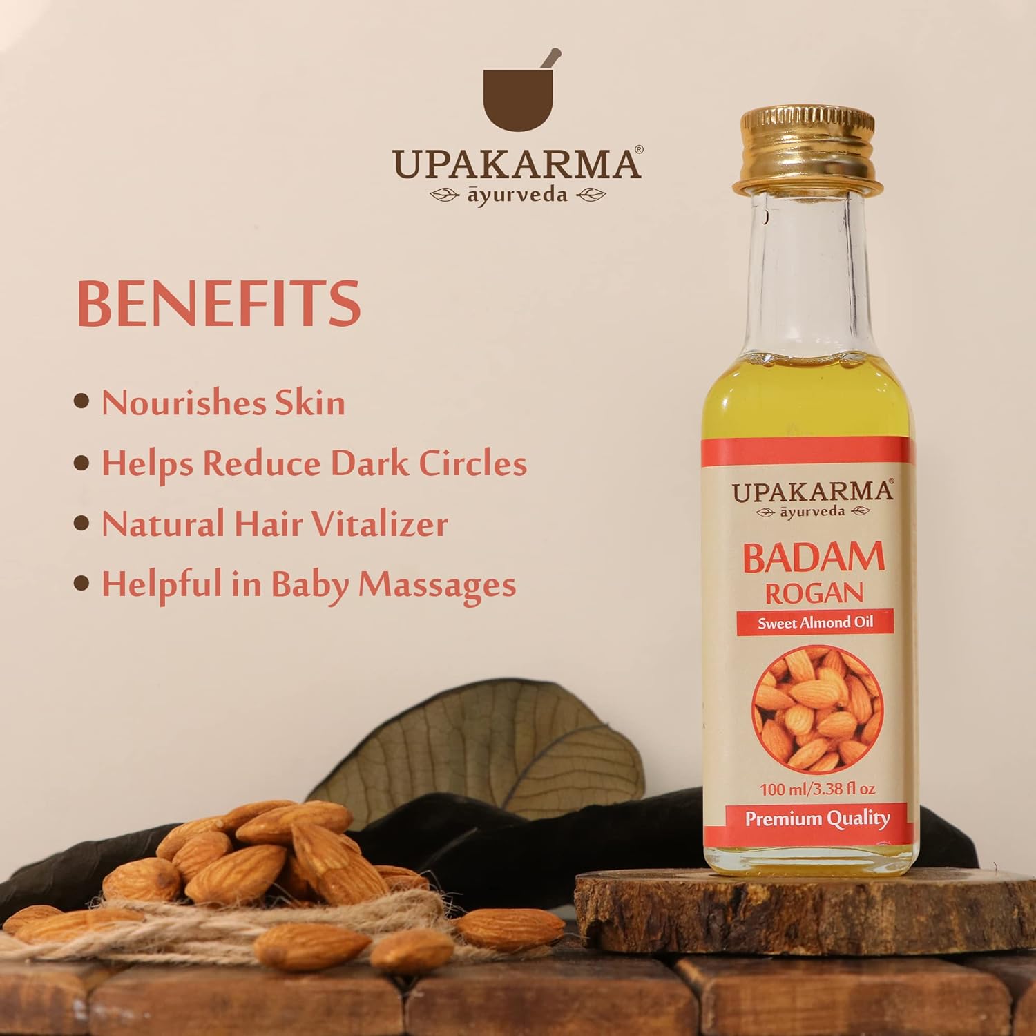 Upakarma Pure and 100% Natural Cold Pressed Sweet Almond Badam Rogan Oil)-100 ml (pack of 2)