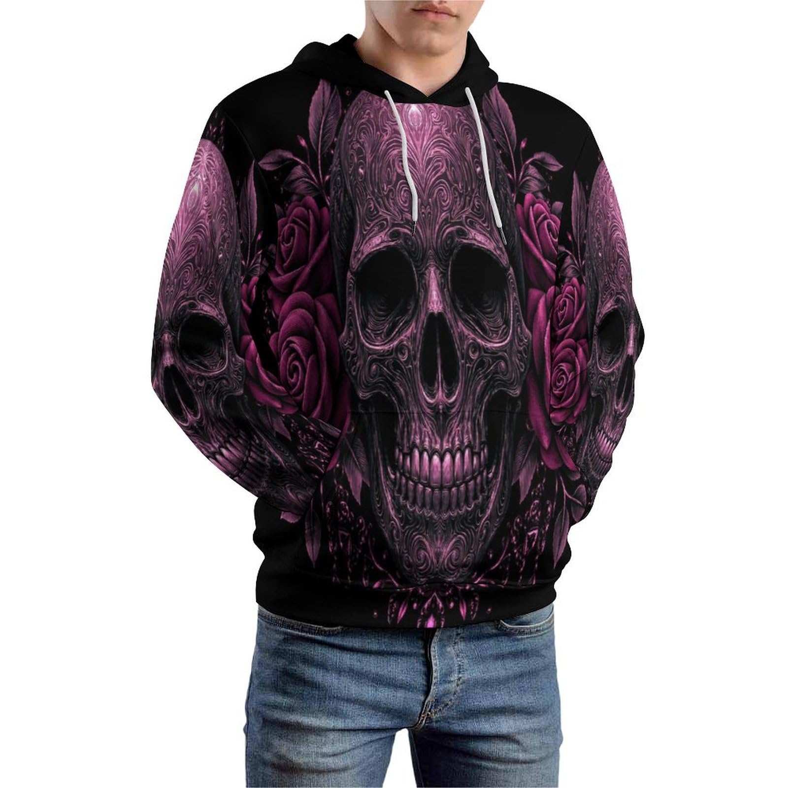 Pullover imprimé 3D crâne rose avec capuche ajustable et fermeture éclair - 7