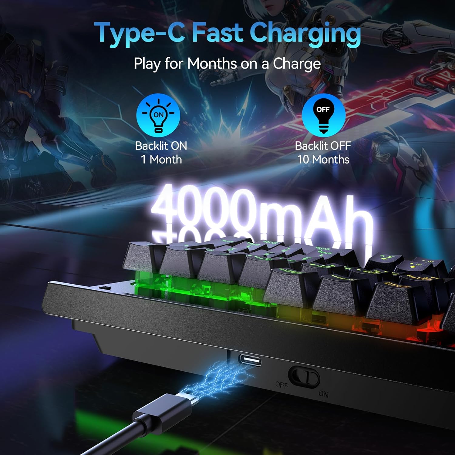 TECKNET Wireless Gaming Keyboard, 2-in-1 (2.4G Wireless & Wired) Rechargeable Keyboard, 4000mAh Battery, 15-Zone RGB Computer Keyboard, Metal Panel, PC Gaming Keyboards (Whisper Quiet Gaming Switch)