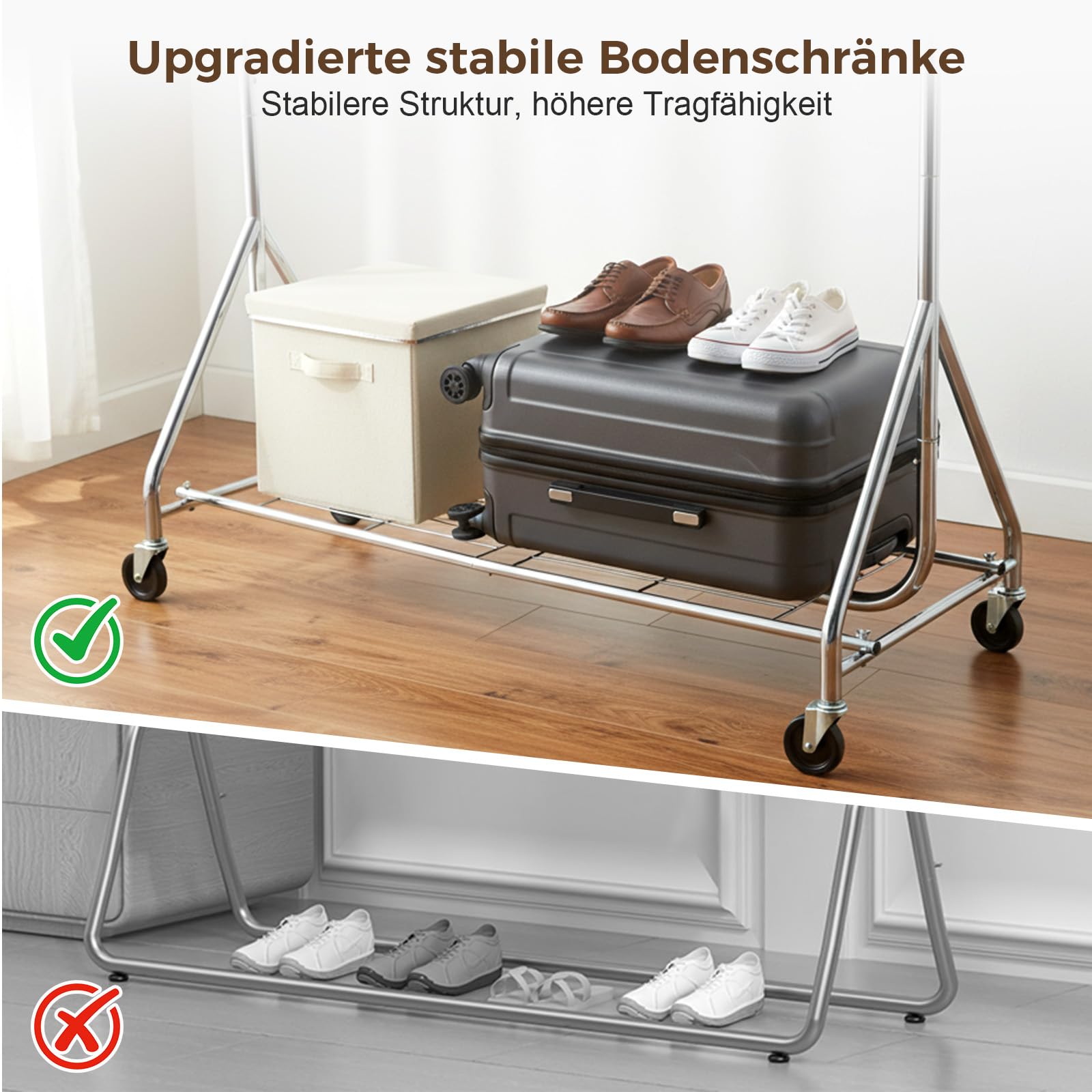 Kleiderständer auf Rollen, Garderobenständer, Kleiderstange Ausziehbar | Metall Schwerlast mit Aufbewahrungsgitter, bis 210 kg belastbar, Länge 125-177 cm, für Schlafzimmer, Garderobe, Waschküche