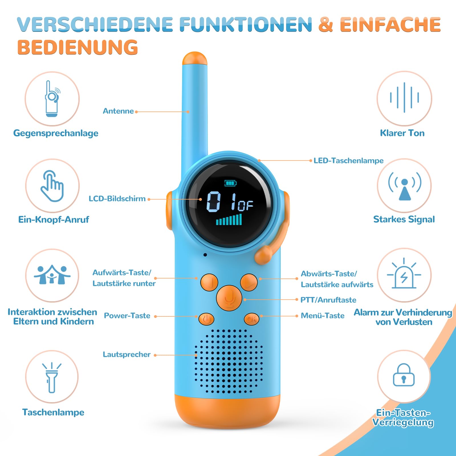 Kearui Walkie Talkie Kinder, Walkie Talkies Spielzeug für 3-12 Jahre, Aufladbar Funkgeräte Kinder mit VOX Funktion, LED Taschenlampe, Tastensperre für Abenteuer im Freien, Camping, Wandern (Blau)