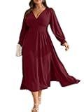 Plus Size Wedding Guest Dress for Women Deep V Neck Long Sleeve High Waist Slit Formal Cocktail Party Fall Maxi Dresses