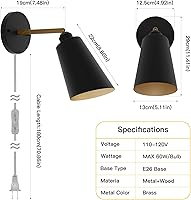 Vista 2 de Apliques de pared enchufables, apliques de pared negros de ángulo ajustable, luces de pared con cable de enchufe e interruptor de encendido/apagado