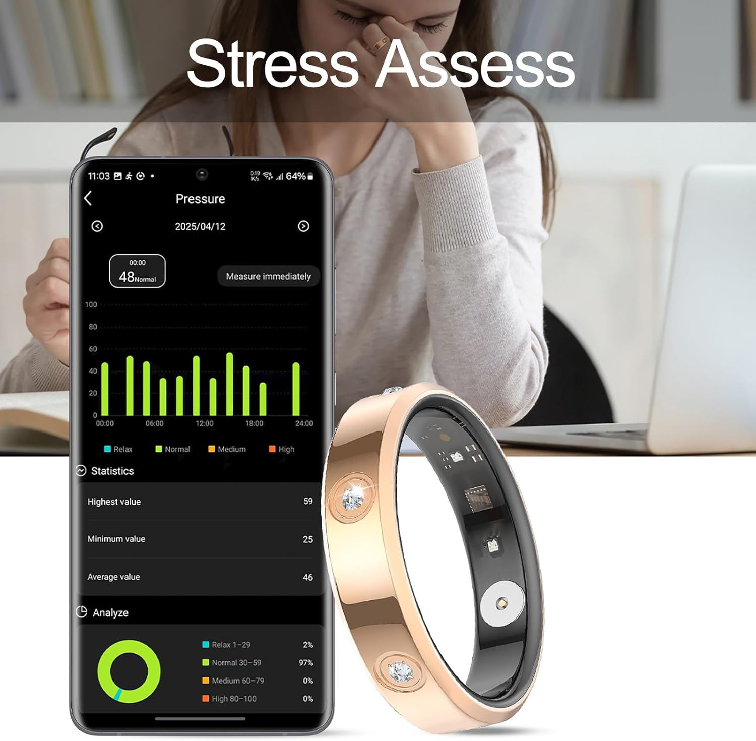 Smart Ring for Women Men Diamond Fitness Tracker Sleep Heart Rate Monitor Smart Rings for Android iOS Phone Pedometer Calorie Step Counter Stylish Ladies Rings for Women Elegant Activity Tracker