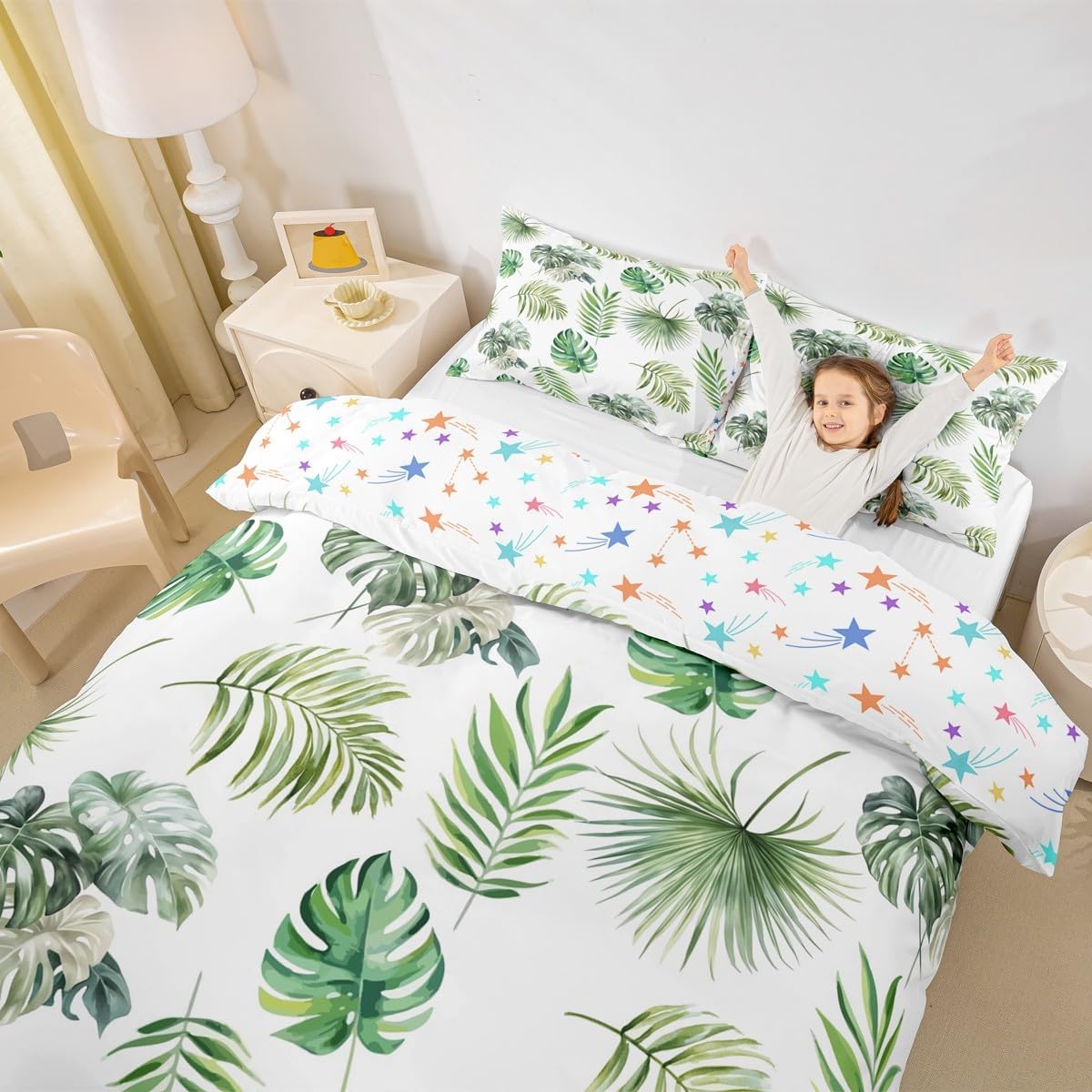 jejeloiu Kids Tropical Plants Bedding Set Toddler Size Green Palm Leaves Rainforest Style Duvet Cover for Boys Girls Tropical Comforter Cover,No Comforter