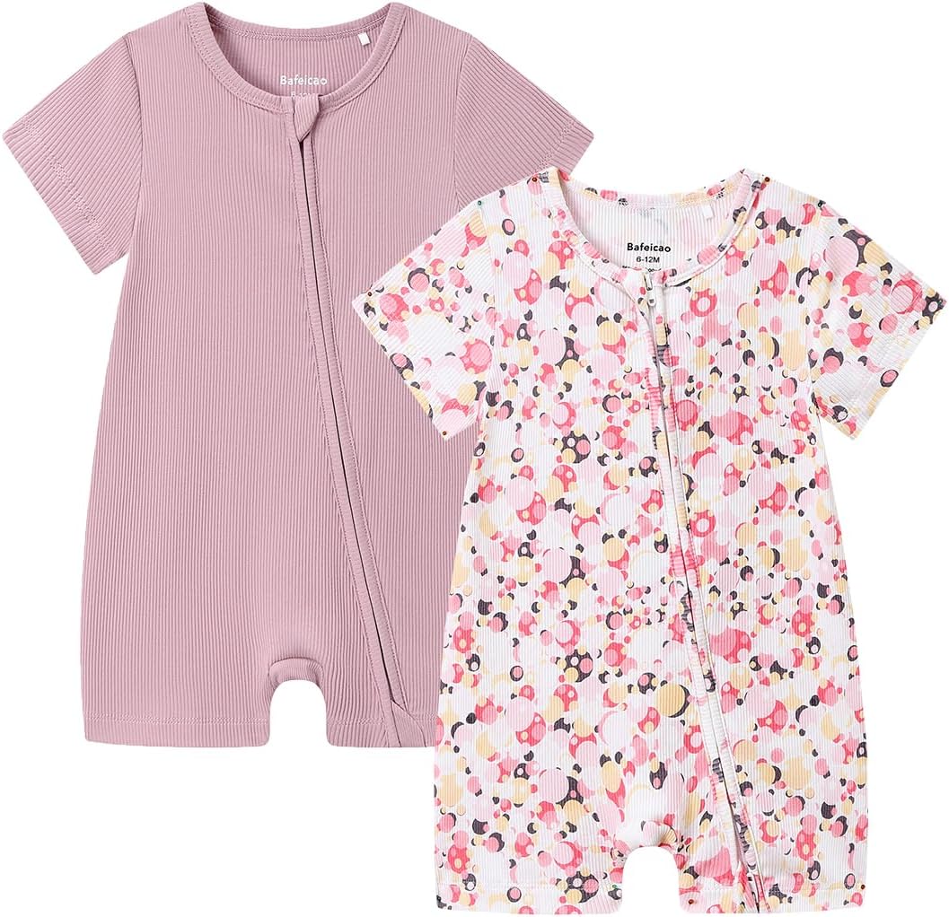 Bafeicao Baby 2 Pack Bamboo Viscose Sleeper Romper Soft Ribbed Short Sleeve 2 Way Zipper Summer Pajamas Clothes