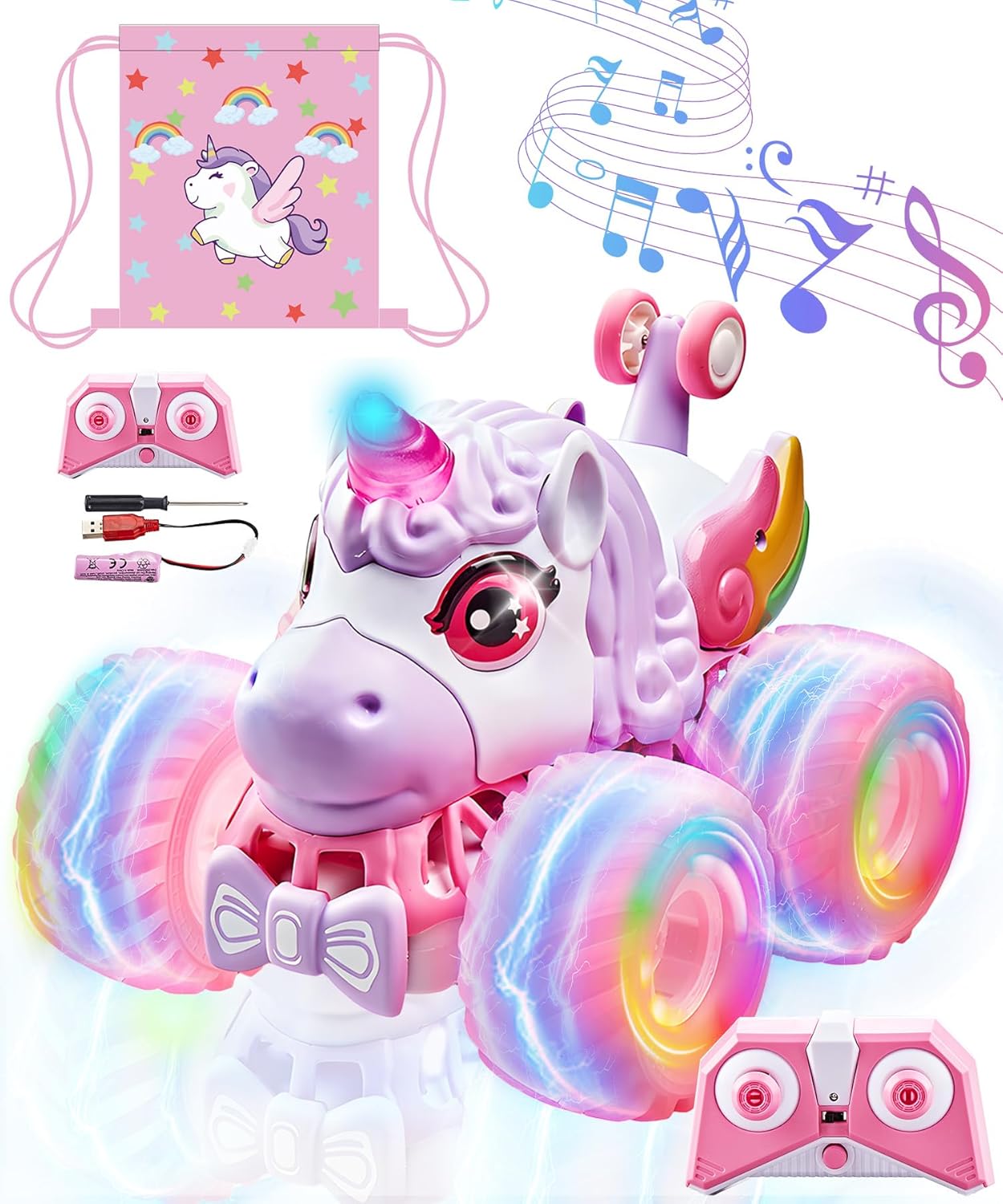 Unicorn Remote Control Car with Lights and Music,360°Rotating 4WD Stunt RC Cars Trucks Toys for Girls, 2.4 GHz, Rechargeable, All Terrain RC Toys Gifts for Girls Age 3-10 (with Storage Bag)