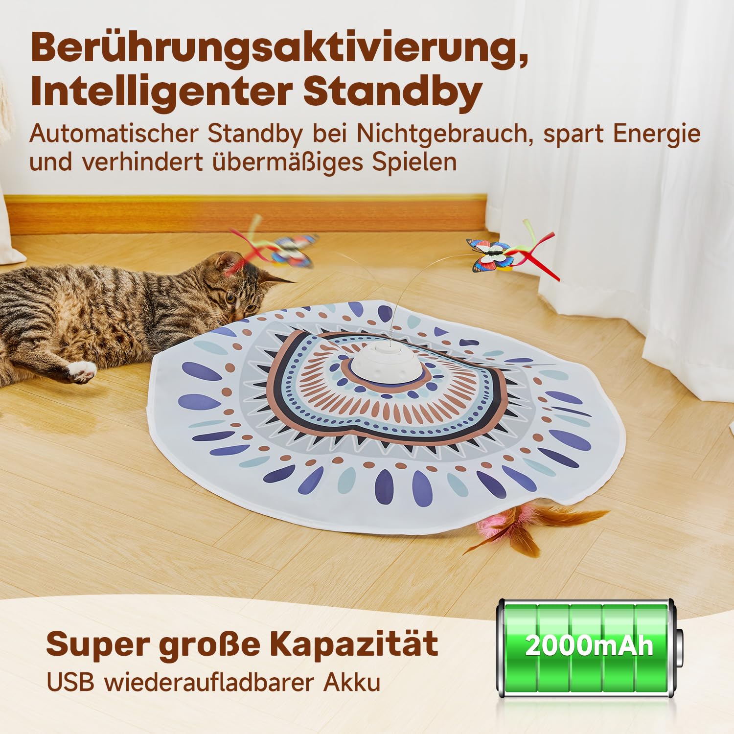 Potaroma Katzenspielzeug Selbstbeschäftigung, wiederaufladbar Elektrisch 3-in-1 Versteckspiel Kätzchen Interaktives Spielzeug für Indoor Cats, flatternder Schmetterling, bewegliche Feder Geräusch