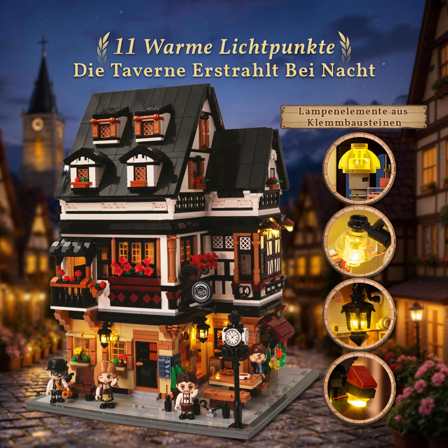 PANTASY Bayerisches Wirtshaus Bauset für Erwachsene mit USB-C-Licht | 3-stöckiges Fachwerk-Modell mit 11 warmweißen Lichtpunkten, USB-C-Anschluss, aufklappbaren Wänden und 43 Druckteilen