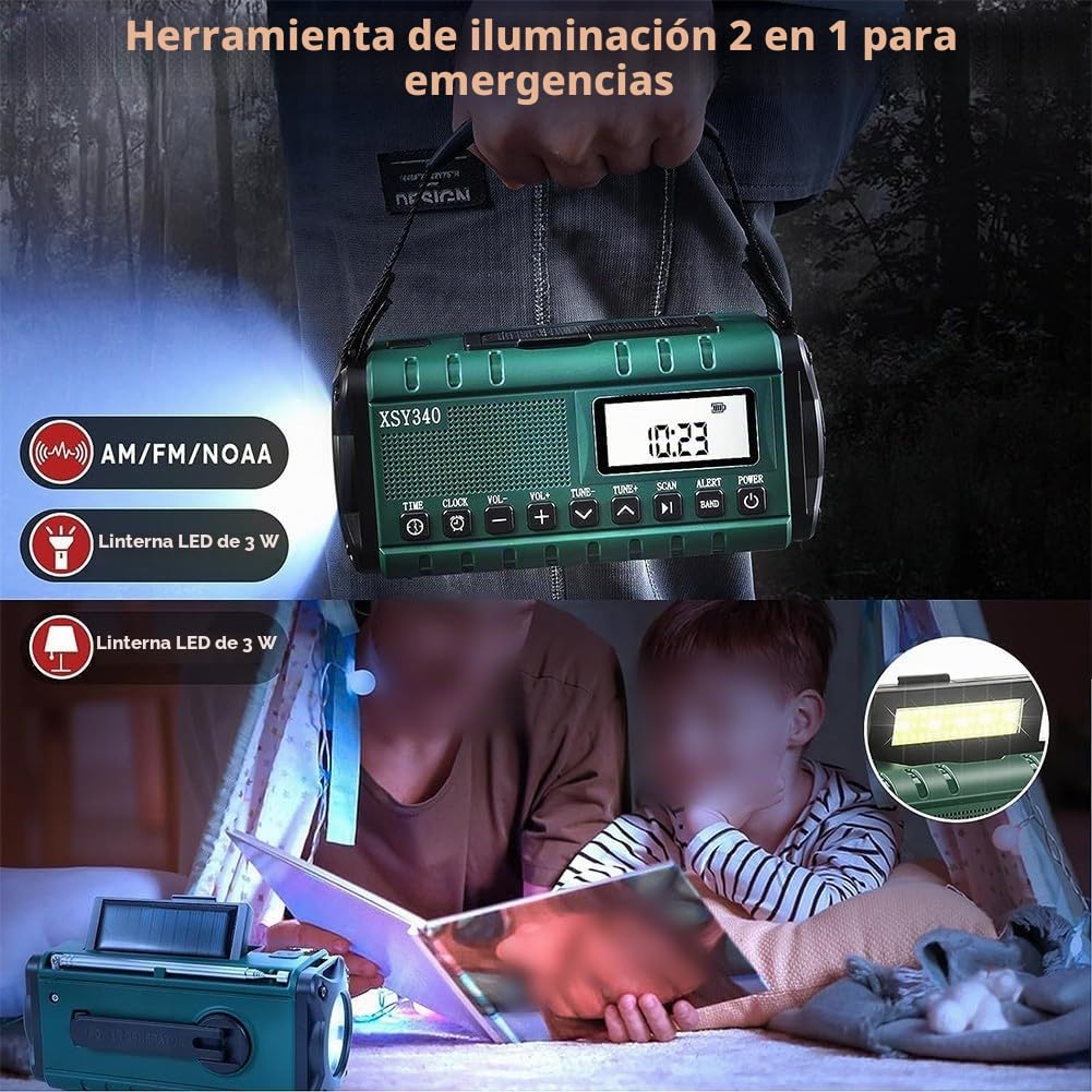 Radio Meteorológica Portátil FM/AM Con Energía Solar Y De Manivela, Batería Externa De 10000 MAh, Linterna LED, Lámpara De Lectura Y Carga USB-C Para Emergencias Al Aire Libre(Army Green)