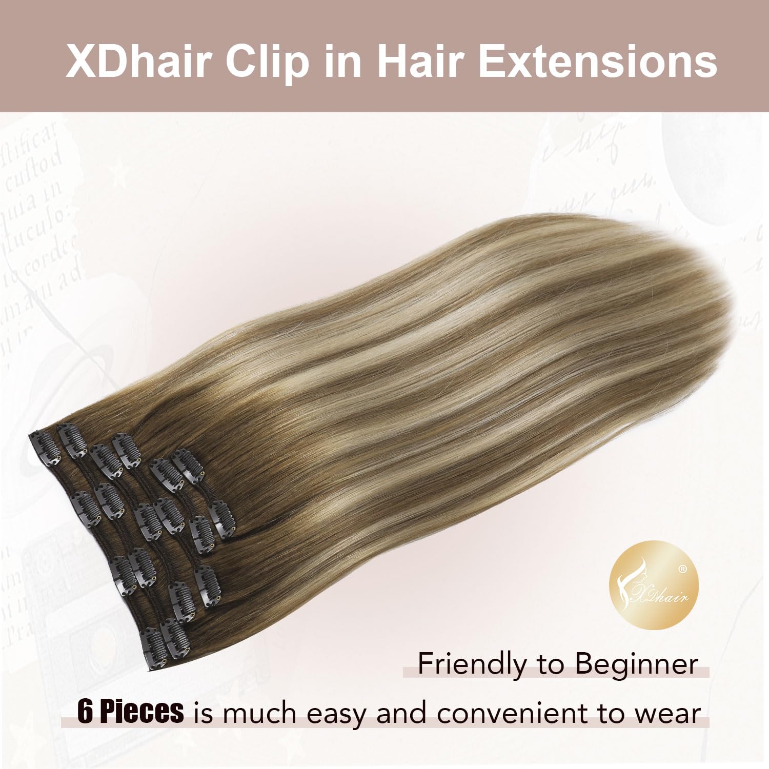 XDhair Extension Cheveux Naturel Clip 35cm 6pcs 100g Brun Noisette à Brun Cendré et blond cendré Extention de Cheveux Humains Vrai Cheveux #3/8/22 14pouces