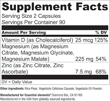 Essential Elements Magnesium Plus Zinc with Vitamin D3 | Scientifically Formulated Heart, Bone & Muscle Support | 225mg Triple-Strength Magnesium Complex with Glycinate, Malate, Citrate | 180 Count