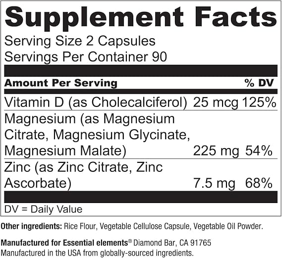 Essential Elements Magnesium Plus Zinc with Vitamin D3 | Scientifically Formulated Heart, Bone & Muscle Support | 225mg Triple-Strength Magnesium Complex with Glycinate, Malate, Citrate | 180 Count