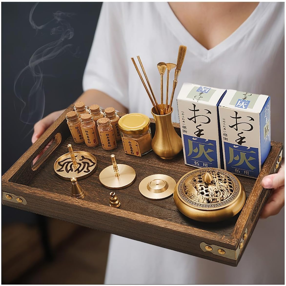 Chinese Incense Burner Kit, Copper Making Set With Mold Tools, Home Fragrance Accessory, Powder Burner for Yoga Meditation Gift