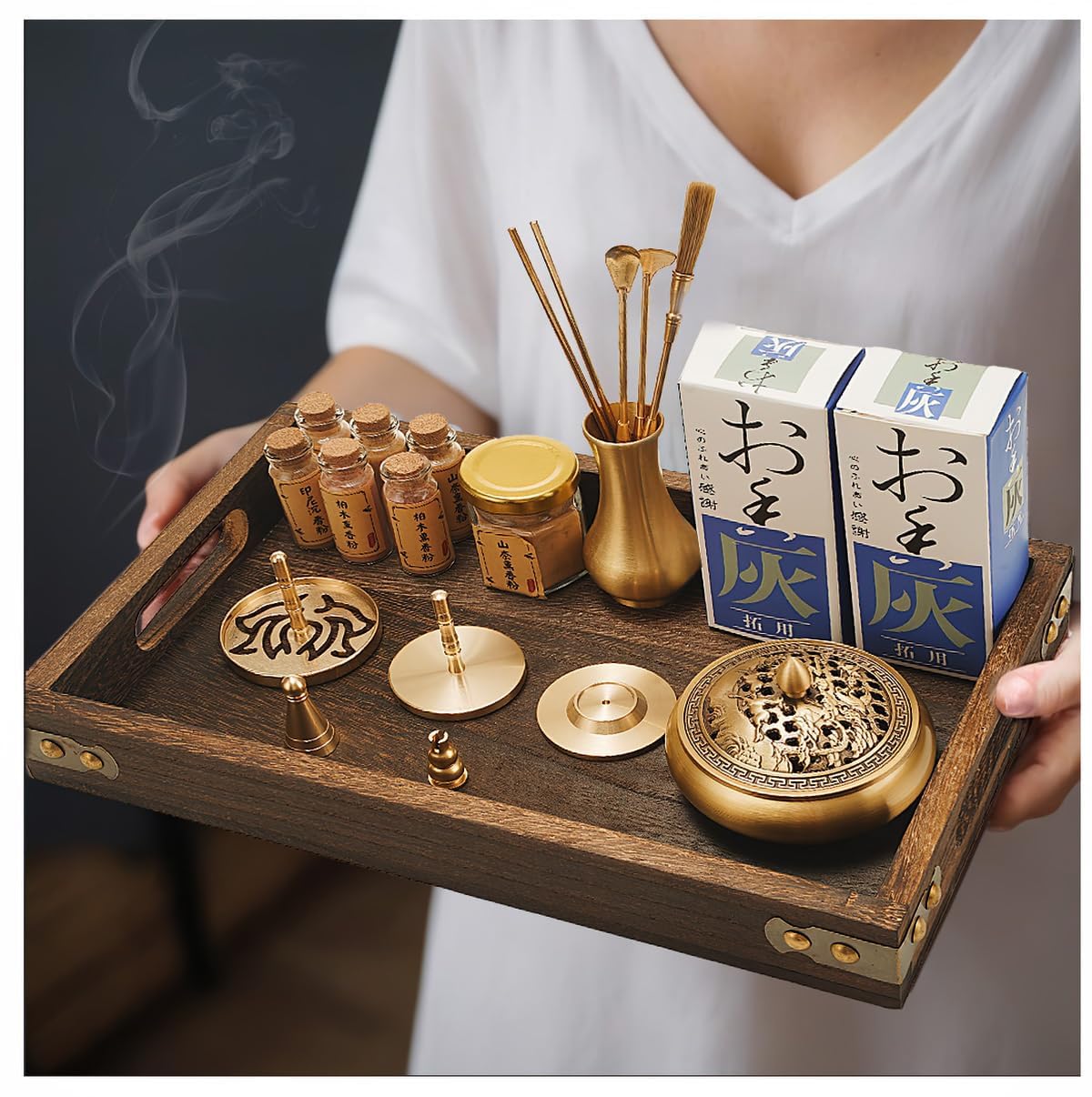 Chinese Incense Burner Kit, Copper Making Set With Mold Tools, Home Fragrance Accessory, Powder Burner for Yoga Meditation Gift