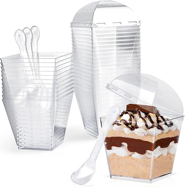 30 Pcs Dessert Cups with Lids and Spoons, 200ml/7oz Square Dessert Cups Set, Reusable Plastic Dessert Cups for Dessert with Pudding Mousse Ice Iream