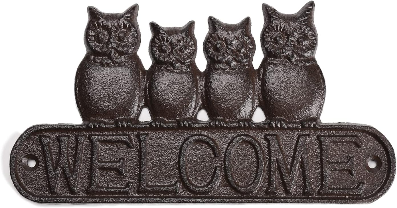 BRASSTAR Cast Iron Owl Families Welcome Sign Antique Style Wall Mount Decoration for Door Entrance or Porch Rust Brown Finish 9.4'' TQGJPT181