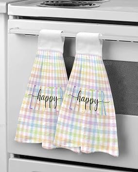 Chucoco Spring Colorful Checkered Kitchen Hanging Towel,Absorbent Soft Hand Tie Towel Easter Buffalo Plaid Minimalist Style Tea Bar Dish Towels for Bathroom Laundry Room Decor 2PCS