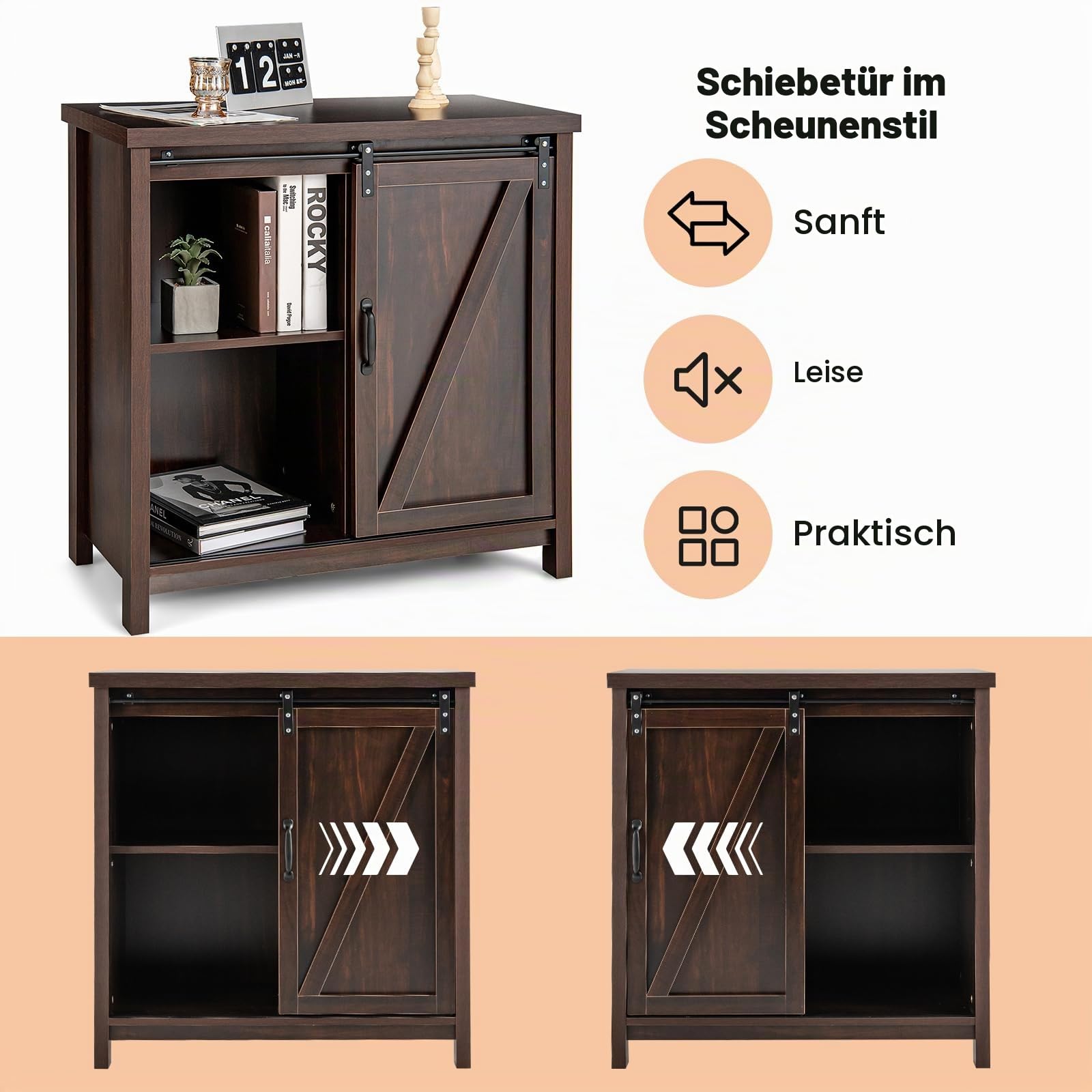 KOMFOTTEU Buffetschrank mit 4 Fächern, moderner Küchenschrank mit Schiebetüren, Küchekommode industriell, Anrichteschrank für Wohnzimmer Flur, 80 x 40 x 82cm, Braun